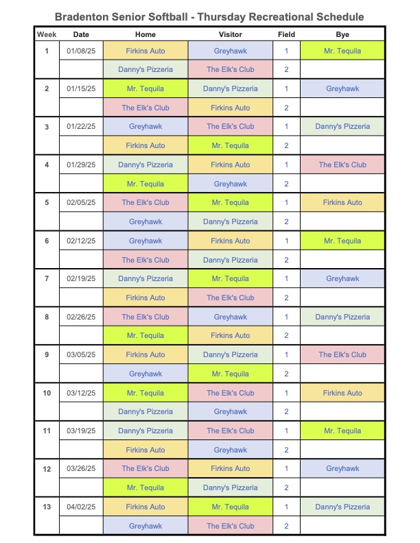 2026 Thursday Rec Schedule 12.09.25