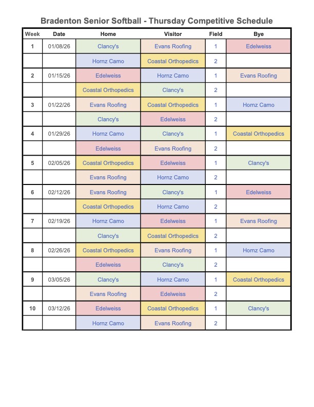 2026 Thursday Schedule 1209