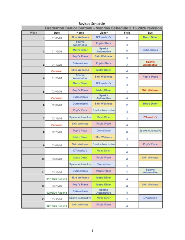Monday League Revised Schedule 02.16.26